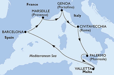 Taliansko, Malta, Španielsko, Francúzsko z Civitavechie na lodi MSC Meraviglia
