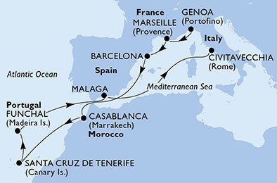 Španielsko, Maroko, Portugalsko, Taliansko, Francúzsko z Janova na lodi MSC Fantasia