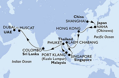 Čína, Japonsko, Thajsko, Singapur, Malajzia, Srí Lanka, Omán, Spojené arabské emiráty zo Šanghaja na lodi MSC Splendida