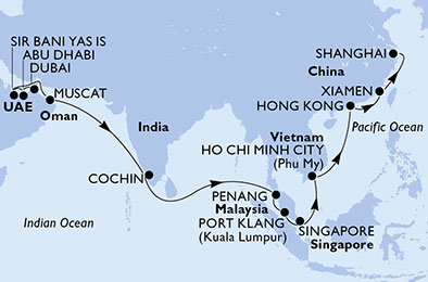 Spojené arabské emiráty, Omán, Indie, Malajzia, Vietnam, Čína z Dubaja na lodi MSC Splendida