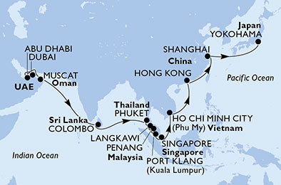 Spojené arabské emiráty, Omán, Srí Lanka, Thajsko, Malajzia, Singapur, Vietnam, Čína, Japonsko z Dubaja na lodi MSC Splendida