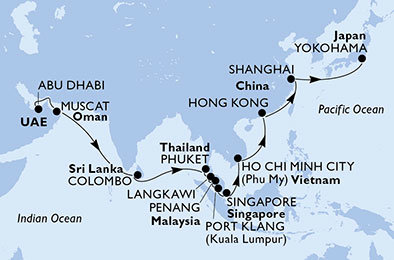 Spojené arabské emiráty, Omán, Srí Lanka, Thajsko, Malajzia, Singapur, Vietnam, Čína, Japonsko z Abu Dhabi na lodi MSC Splendida