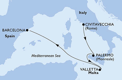 Taliansko, Malta, Španielsko z Civitavechie na lodi MSC Meraviglia