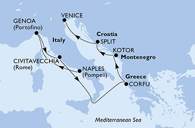 Taliansko, Grécko, Čierna Hora, Chorvátsko z Neapolu na lodi MSC Armonia