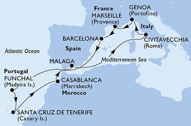 Španielsko, Maroko, Portugalsko, Taliansko, Francúzsko z Civitavechie na lodi MSC Orchestra