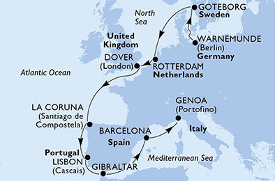 Nemecko, Švédsko, Holandsko, Veľká Británia, Španielsko, Portugalsko, Gibraltár, Taliansko z Warnemünde na lodi MSC Orchestra