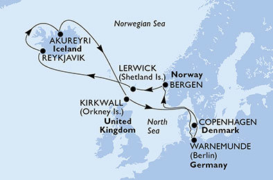 Nemecko, Nórsko, , Island, Veľká Británia, Dánsko z Warnemünde na lodi MSC Orchestra