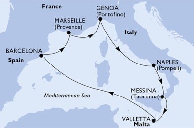 Taliansko, Malta, Španielsko, Francúzsko z Messiny na lodi MSC Bellissima