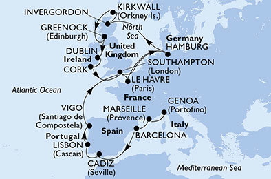 Taliansko, Francúzsko, Španielsko, Portugalsko, Veľká Británia, Nemecko, Írsko z Janova na lodi MSC Meraviglia