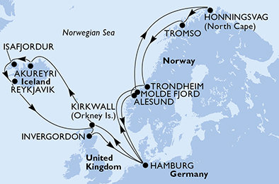 Nemecko, Veľká Británia, Island, Nórsko z Hamburgu na lodi MSC Meraviglia