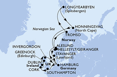 Nemecko, Nórsko, Veľká Británia, Írsko z Hamburgu na lodi MSC Meraviglia