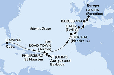 Kuba, Veľká Británia, Holandsko, Antigua a Barbuda, Portugalsko, Španielsko, Taliansko z Havany na lodi MSC Opera