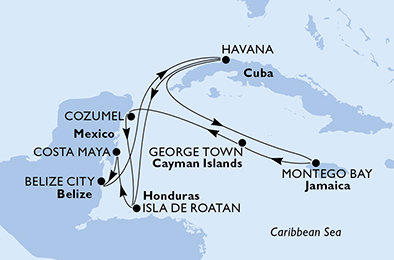 Kuba, Jamajka, Kajmanské ostrovy, Mexiko, Honduras, Belize z Havany na lodi MSC Armonia