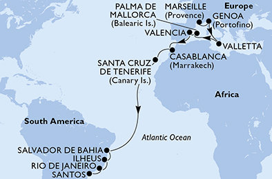 Francúzsko, Taliansko, Malta, Španielsko, Maroko, Brazília z Marseille na lodi MSC Poesia