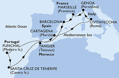 Francúzsko, Španielsko, Portugalsko, Maroko, Taliansko z Janova na lodi MSC Sinfonia