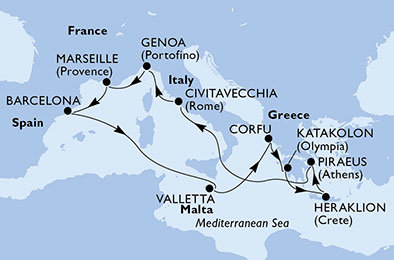 Taliansko, Španielsko, Francúzsko, Malta, Grécko z Janova na lodi MSC Sinfonia