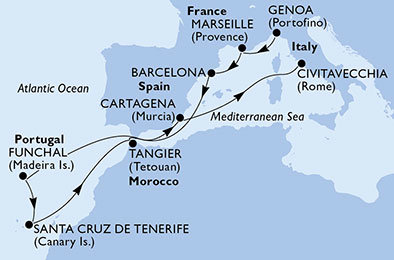 Francúzsko, Španielsko, Portugalsko, Maroko, Taliansko z Janova na lodi MSC Sinfonia
