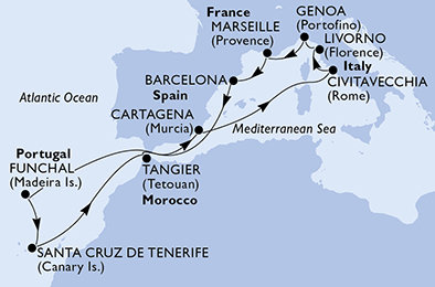 Taliansko, Francúzsko, Španielsko, Portugalsko, Maroko z Civitavechie na lodi MSC Sinfonia