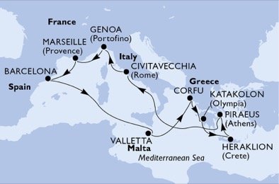 Taliansko, Španielsko, Francúzsko, Malta, Grécko z Civitavechie na lodi MSC Sinfonia