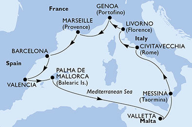 Španielsko, Malta, Taliansko, Francúzsko z Barcelony na lodi MSC Sinfonia