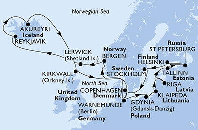 Nemecko, Nórsko, Veľká Británia, Island, Dánsko, Poľsko, Litva, Lotyšsko, Estónsko, Rusko, Fínsko, Švédsko z Warnemünde na lodi MSC Orchestra