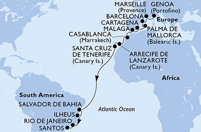 Taliansko, Francúzsko, Španielsko, Maroko, Brazília z Janova na lodi MSC Fantasia
