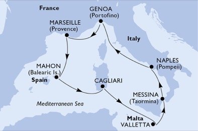 Francúzsko, Španielsko, Taliansko, Malta z Messiny na lodi MSC Opera