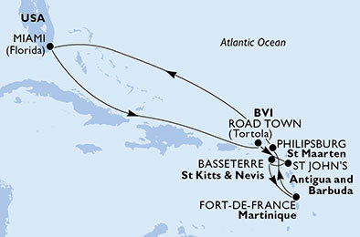 USA, Veľká Británia, Antigua a Barbuda, Svätý Krištof a Nevis, Francúzsko, Holandsko z Miami na lodi MSC Divina