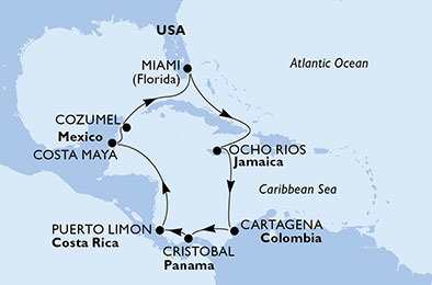 USA, Jamajka, Kolumbia, Panama, Kostarika, Mexiko z Miami na lodi MSC Divina