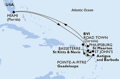 USA, Antigua a Barbuda, Svätý Krištof a Nevis, Francúzsko, Veľká Británia, Holandsko z Miami na lodi MSC Divina
