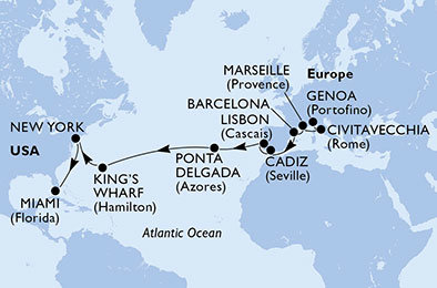 Taliansko, Francúzsko, Španielsko, Portugalsko, Veľká Británia, USA z Janova na lodi MSC Divina