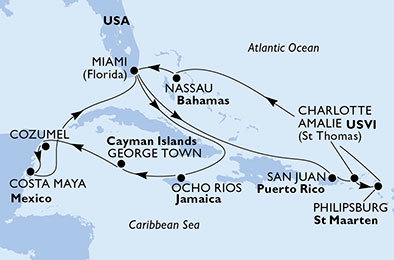 USA, Svatý Martin, Bahamy, Jamajka, Kajmanské ostrovy, Mexiko zo San Juanu na lodi MSC Seaside
