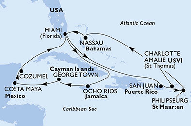 USA, Svatý Martin, Bahamy, Jamajka, Kajmanské ostrovy, Mexiko z Miami na lodi MSC Seaside