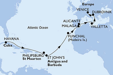 Kuba, Svatý Martin, Antigua a Barbuda, Portugalsko, Španielsko, Malta, Chorvátsko, Taliansko z Havany na lodi MSC Opera
