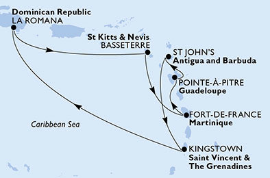 Martinik, Guadeloupe, Antigua a Barbuda, Dominikánska republika, Svätý Krištof a Nevis z Fort de France, Martinik na lodi MSC Fantasia