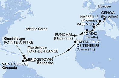 Taliansko, Francúzsko, Španielsko, Portugalsko, Grenada, Barbados z Janova na lodi MSC Fantasia