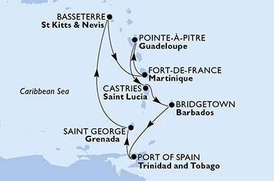 Francúzsko, Svätý Krištof a Nevis, Barbados, Trinidad a Tobago, Grenada, Svätá Lucia z Pointe-à-Pitre na lodi MSC Fantasia