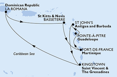 Francúzsko, Antigua a Barbuda, Svätý Vincent a Grenadiny, Dominikánska republika, Svätý Krištof a Nevis z Pointe-à-Pitre na lodi MSC Fantasia