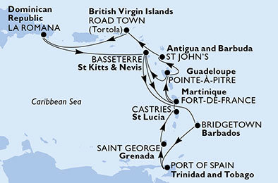 Francúzsko, Svätý Krištof a Nevis, Barbados, Trinidad a Tobago, Grenada, Svätá Lucia, Antigua a Barbuda, Veľká Británia, Dominikánska republika z Fort de France, Martinik na lodi MSC Fantasia