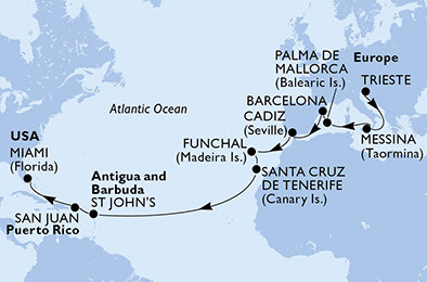 Taliansko, Španielsko, Portugalsko, Antigua a Barbuda, USA na lodi MSC Seaside
