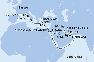 Taliansko, Grécko, Egypt, Jordánsko, Omán, Katar, Spojené arabské emiráty z Civitavechie na lodi MSC Splendida