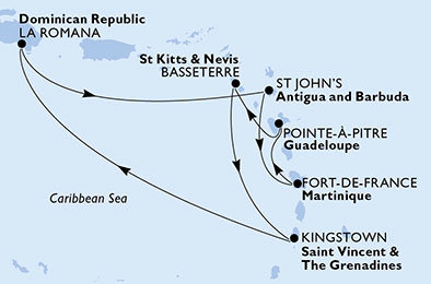 Francúzsko, Antigua a Barbuda, Svätý Vincent a Grenadiny, Dominikánska republika, Svätý Krištof a Nevis z Fort de France, Martinik na lodi MSC Fantasia