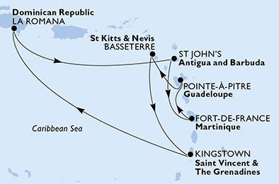 Francúzsko, Antigua a Barbuda, Svätý Vincent a Grenadiny, Dominikánska republika, Svätý Krištof a Nevis z Pointe-à-Pitre na lodi MSC Fantasia