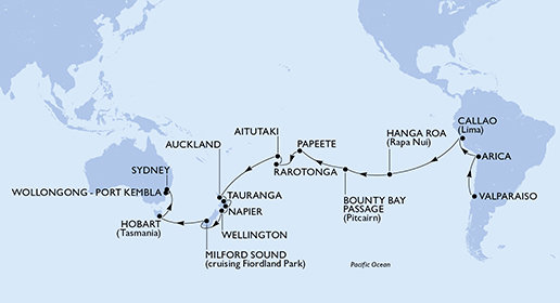 Chile, Peru, Zámořské území Spojeného království, Francouzská Polynésie, Cookovy ostrovy, Nový Zéland, Austrália na lodi MSC Magnifica