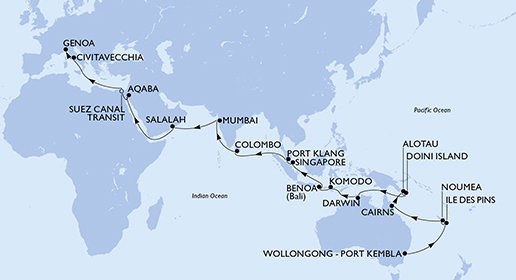 Austrália, Nová Kaledonie, Papua Nová Guinea, Indonézia, Singapur, Malajzia, Srí Lanka, Indie, Omán, Jordánsko, Egypt, Taliansko na lodi MSC Magnifica
