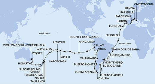 Taliansko, Francúzsko, Španielsko, Portugalsko, Kapverdy, Brazília, Argentína, Uruguaj, Chile, Peru, Francouzská Polynésie, Cookovy ostrovy, Nový Zéland, Austrália z Civitavechie na lodi MSC Magnifica