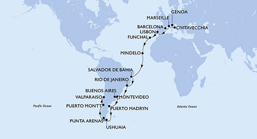 Taliansko, Francúzsko, Španielsko, Portugalsko, Kapverdy, Brazília, Argentína, Uruguaj, Chile z Civitavechie na lodi MSC Magnifica