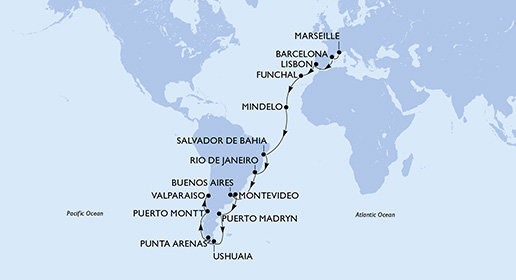 Francúzsko, Španielsko, Portugalsko, Kapverdy, Brazília, Argentína, Uruguaj, Chile z Marseille na lodi MSC Magnifica