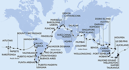 Taliansko, Francúzsko, Španielsko, Portugalsko, Kapverdy, Brazília, Argentína, Uruguaj, Chile, Peru, Zámořské území Spojeného království, Francouzská Polynésie, Cookovy ostrovy, Nový Zéland, Austrália, Nová Kaledonie, Papua Nová Guinea, Indonézia, Singapur, Malajzia, Srí Lanka, Indie, Omán, Jordánsko, Egypt z Barcelony na lodi MSC Magnifica