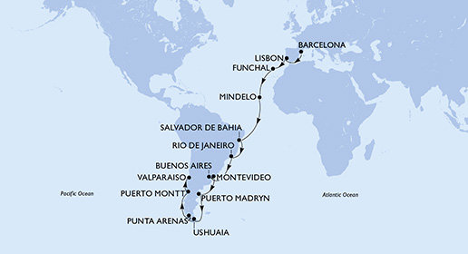 Španielsko, Portugalsko, Kapverdy, Brazília, Argentína, Uruguaj, Chile z Barcelony na lodi MSC Magnifica